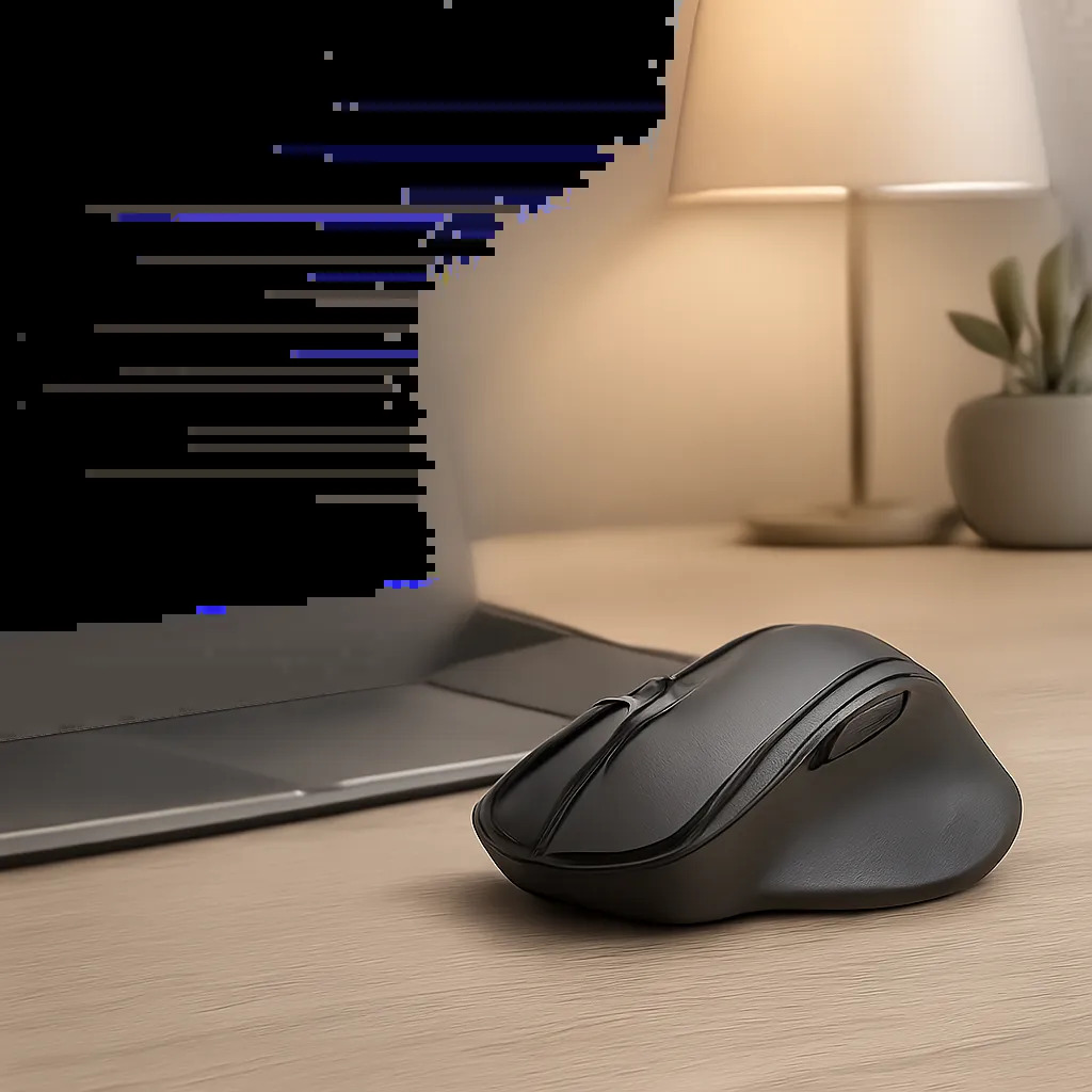 Une souris ergonomique mise en scène dans un environnement de travail moderne et épuré. L’image évoque le confort, la précision et l’usage quotidien au bureau ou en télétravail.